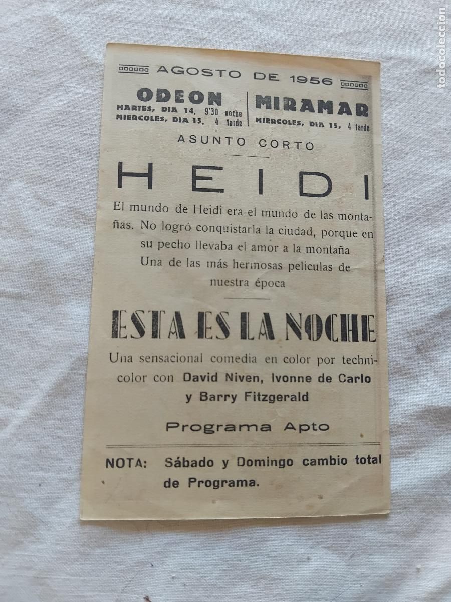 Cine: PROGRAMA DE CINE HEIDI. CINES ODEON Y MIRAMAR 1956. - Foto 2