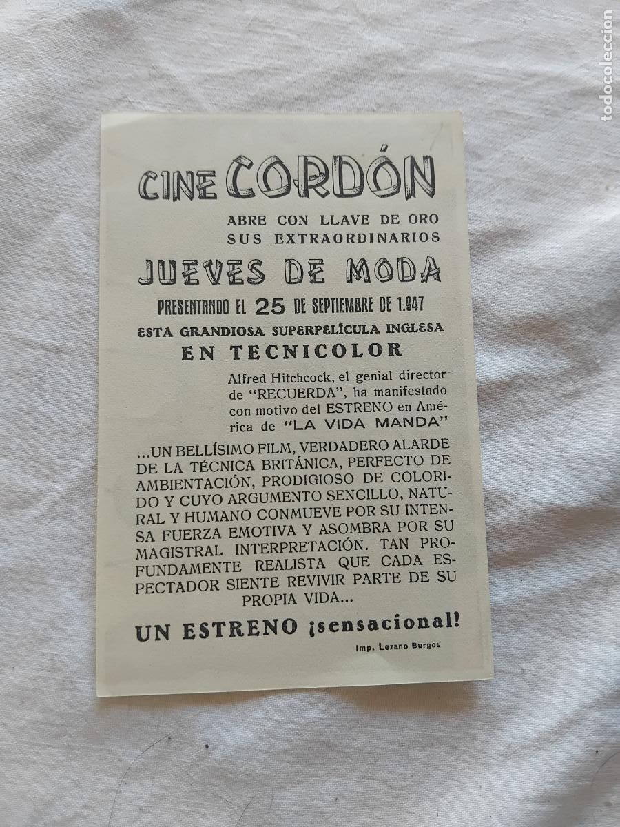 Cine: PROGRAMA DE CINE LA VIDA MANDA. CINE CORDON 1947. - Foto 2