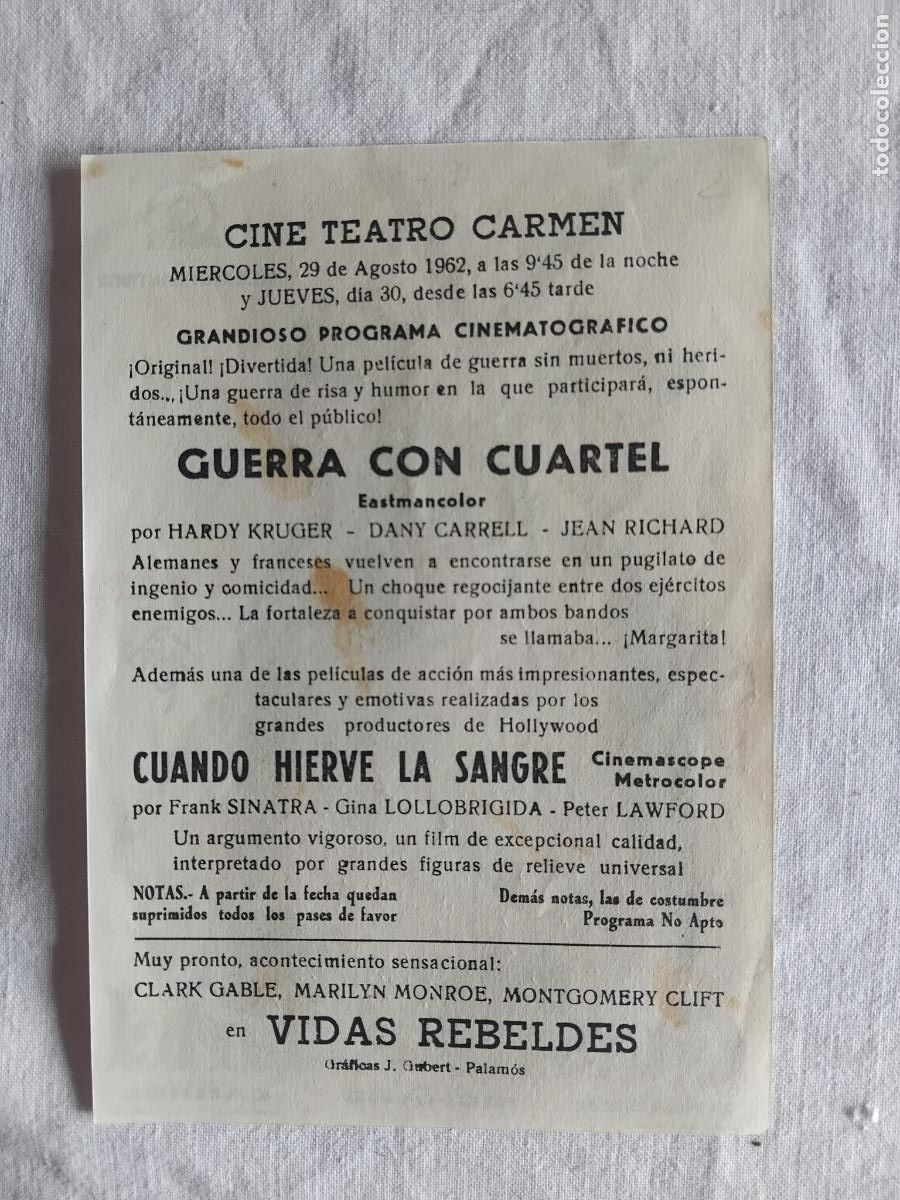 Cine: PROGRAMA DE CINE GUERRA SIN CUARTEL. CINE TEATRO CARMEN 1962. - Foto 2