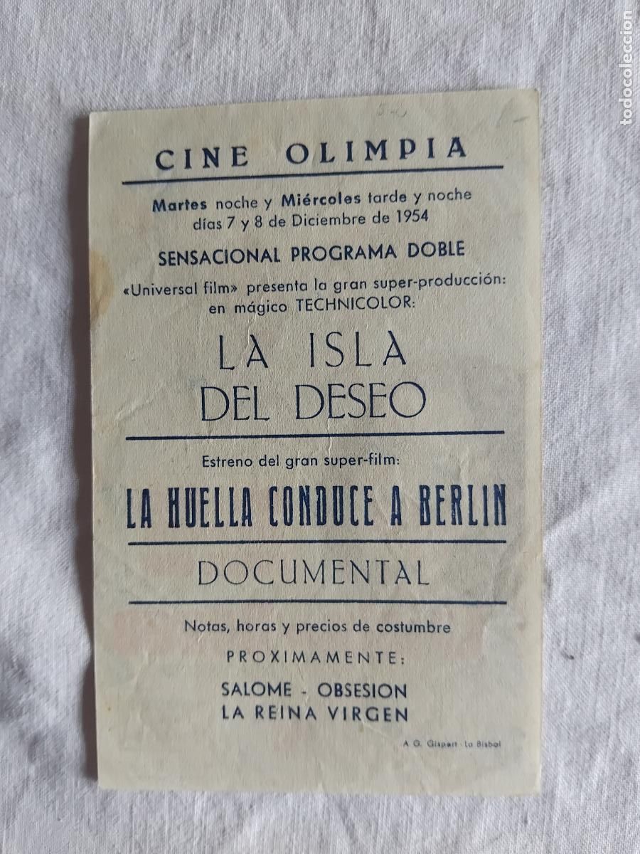 Cine: PROGRAMA CINE LA ISLA DEL DE DESEO. CINE OLIMPIA 1954. - Foto 2