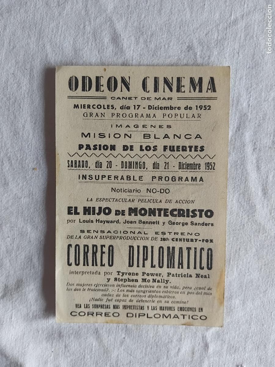 Cine: PROGRAMA DE CINE CORREO DIPLOMATICO. ODEON CINEMA CANET DE MAR. 1952. - Foto 2