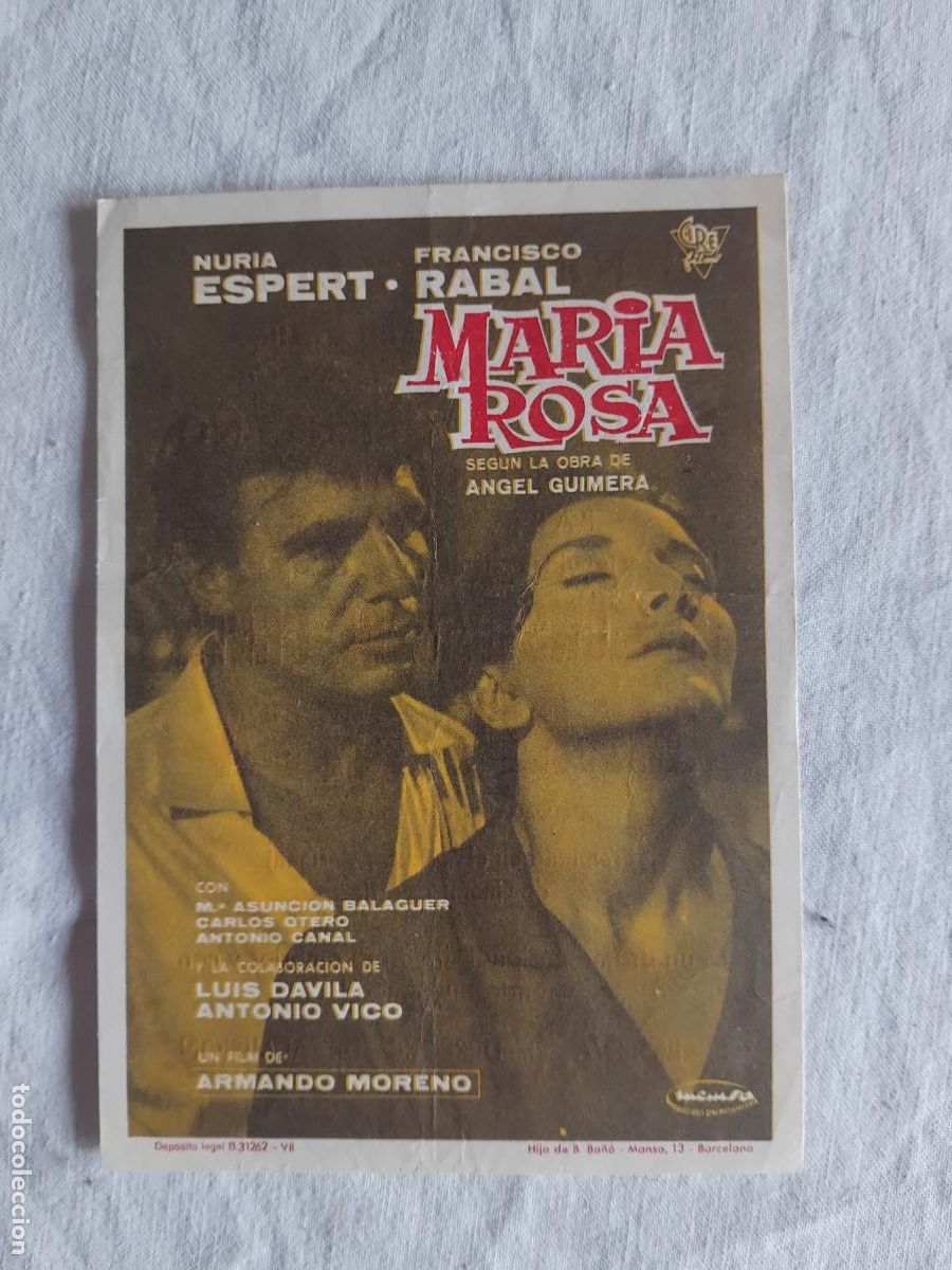 Cine: PROGRAMA DE CINE MARIA ROSA. NURIA ESPERT / FRANCISCO RABAL. CINE CATALU&Ntilde;A 1967.