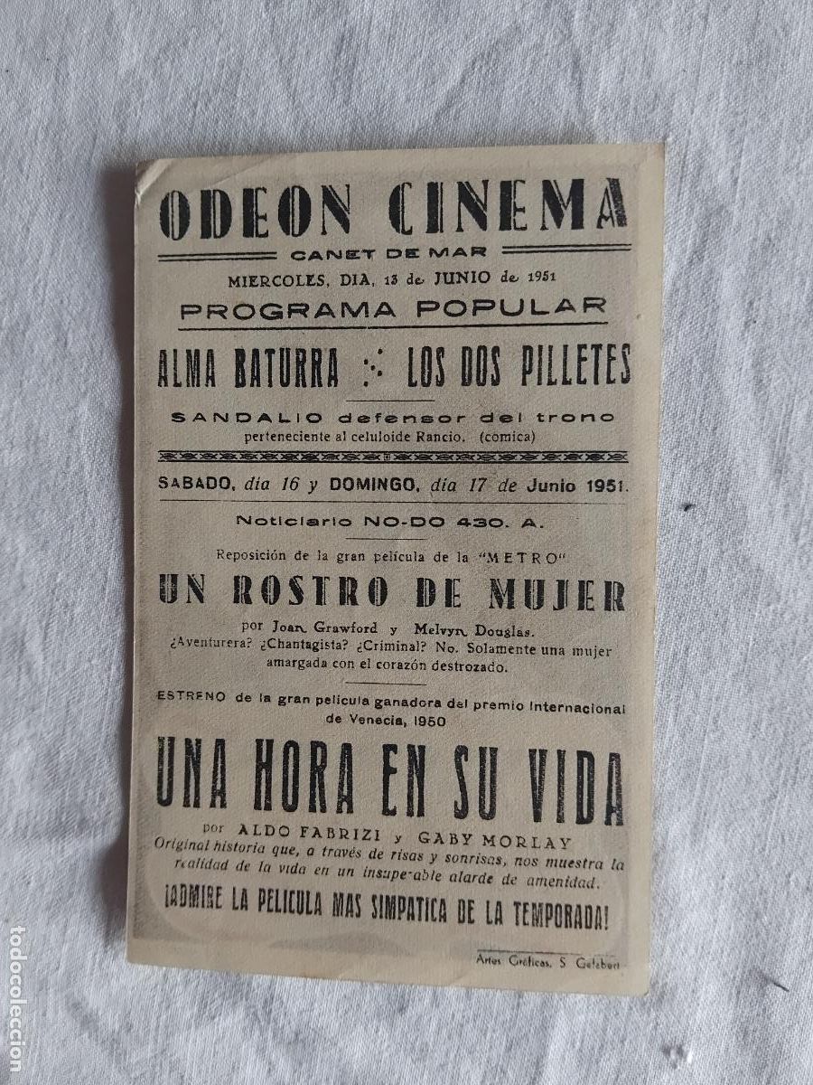 Cine: PROGRAMA DE CINE UNA HORA EN SU VIDA. 1941. ODEON CINEMA. CANET DE MAR. - Foto 2