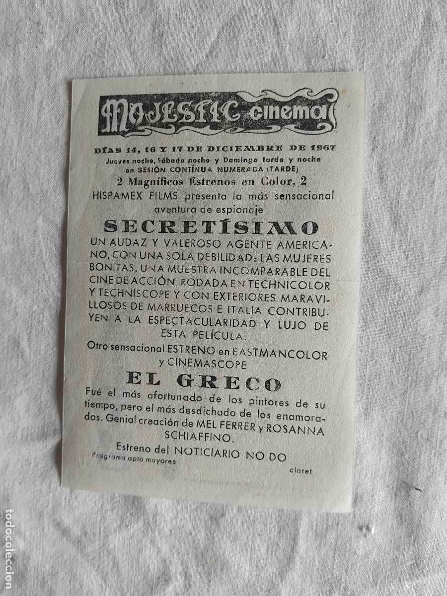 Cine: PROGRAMA DE CINE SECRETISIMO. MAJESTIC CINEMA. 1967. - Foto 2