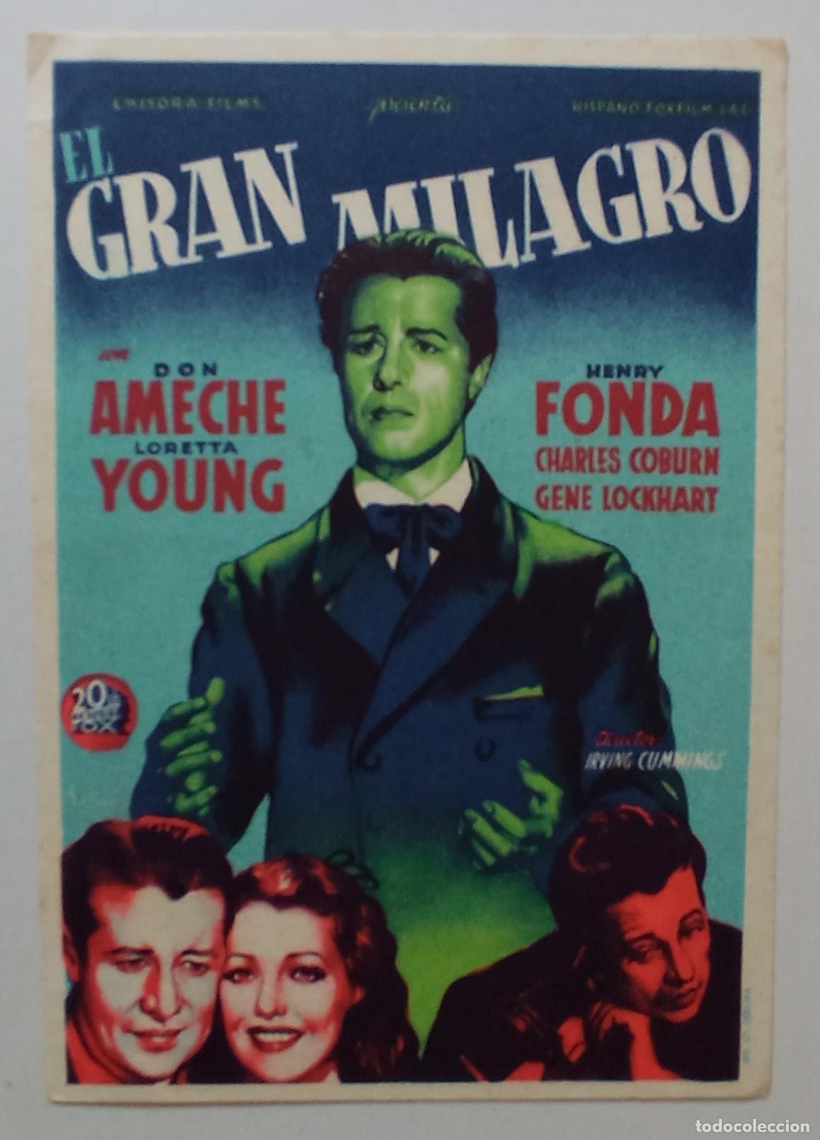 Cine: PROGRAMA DE CINE. DON AMECHE. LORETTA YOUNG. EL GRAN MILAGRO. SOLIG&Oacute;.