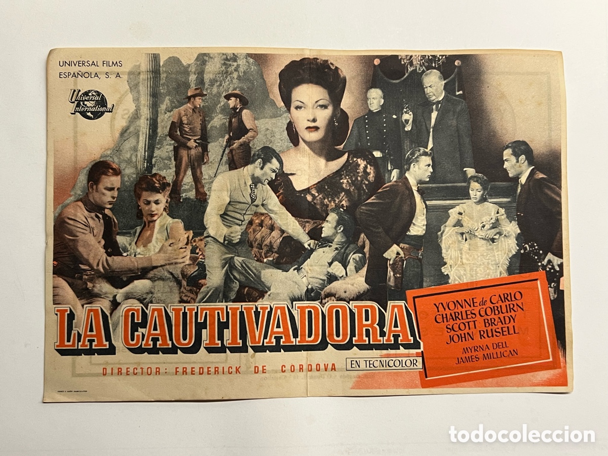 Cine: CASTELL&Oacute;N CINE REX, Folleto LA CAUTIVADORA, con YVONNE de CARLO, CHARLES COBURN (a.1950)