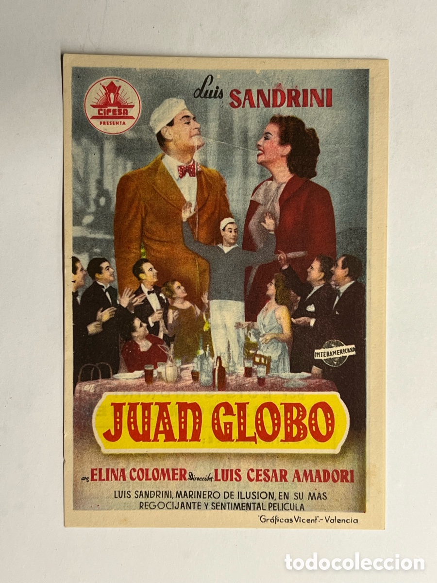 Kino: CASTELL&Oacute;N. Cine Rialto.. Folleto JUAN GLOBO, con Luis Sandrini y Elina Colomer (a.1950) Comedia