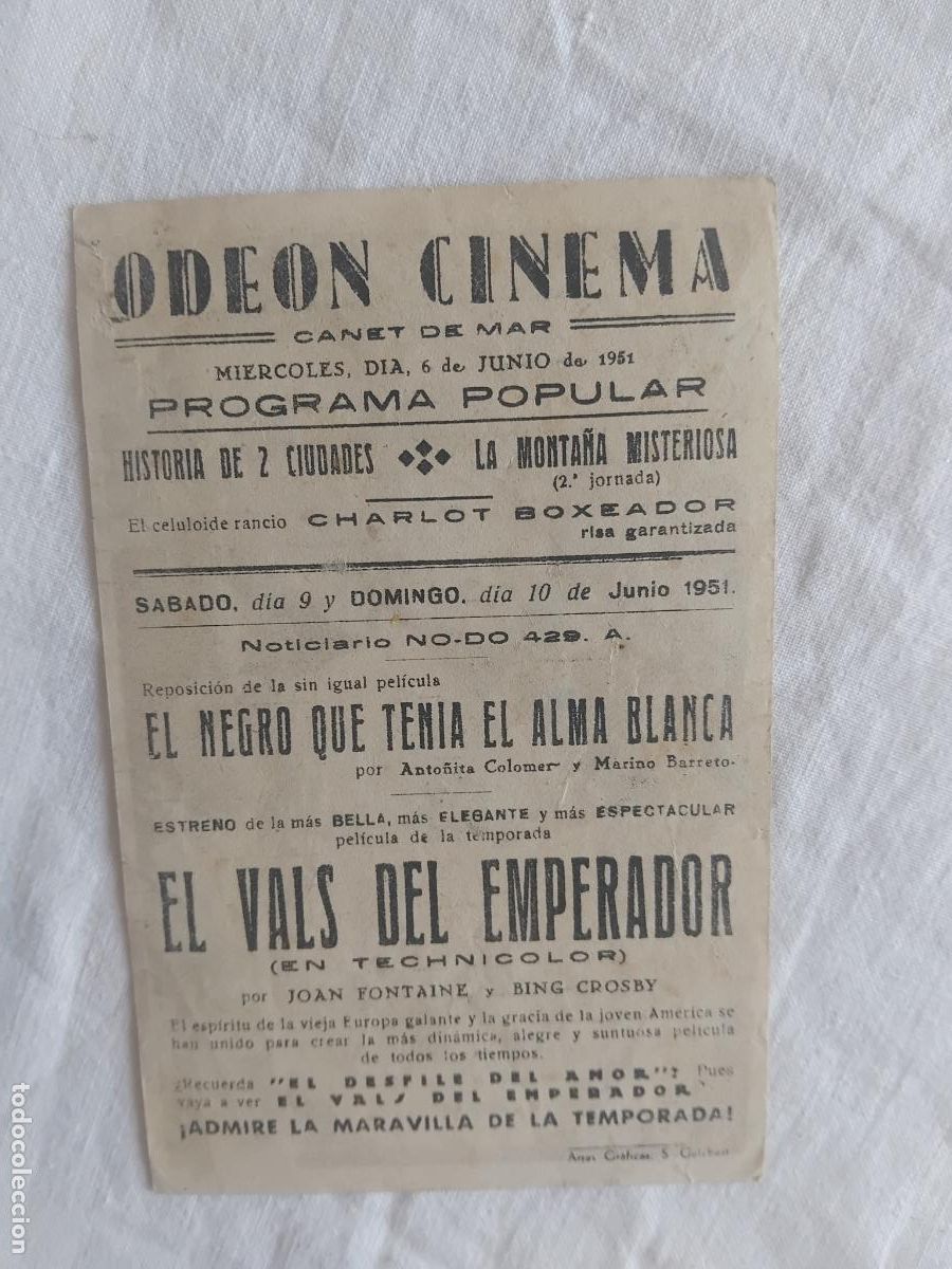 Cine: PROGRAMA DE CINE EL VALS DEL EMPERADOR. ODEON CINEMA. CANET DE MAR.1961. - Foto 2