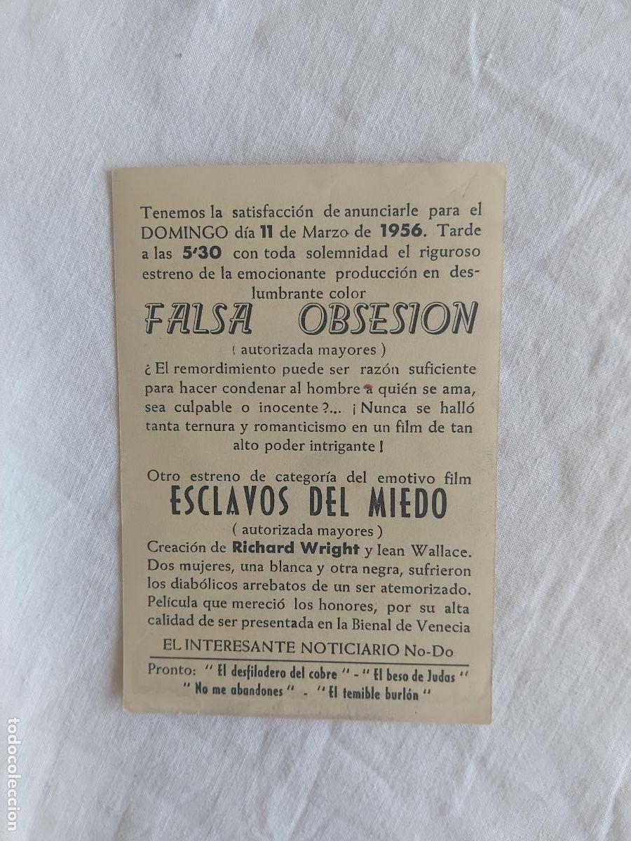 Cine: PROGRAMA DE CINE FALSA OBSESION. 1956. - Foto 2