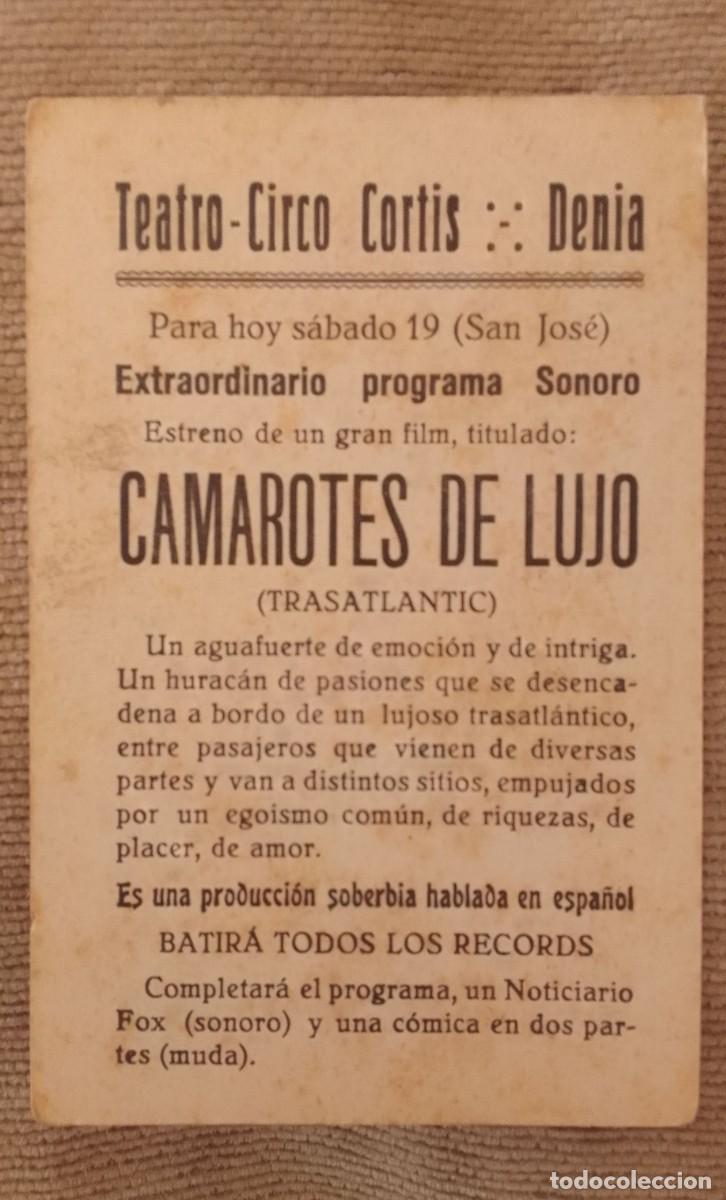 Cine: PROGRAMA DE CINE. CAMAROTES DE LUJO. FOX. TEATRO CIRCO CORTIS. DENIA. DE MANO. - Foto 4