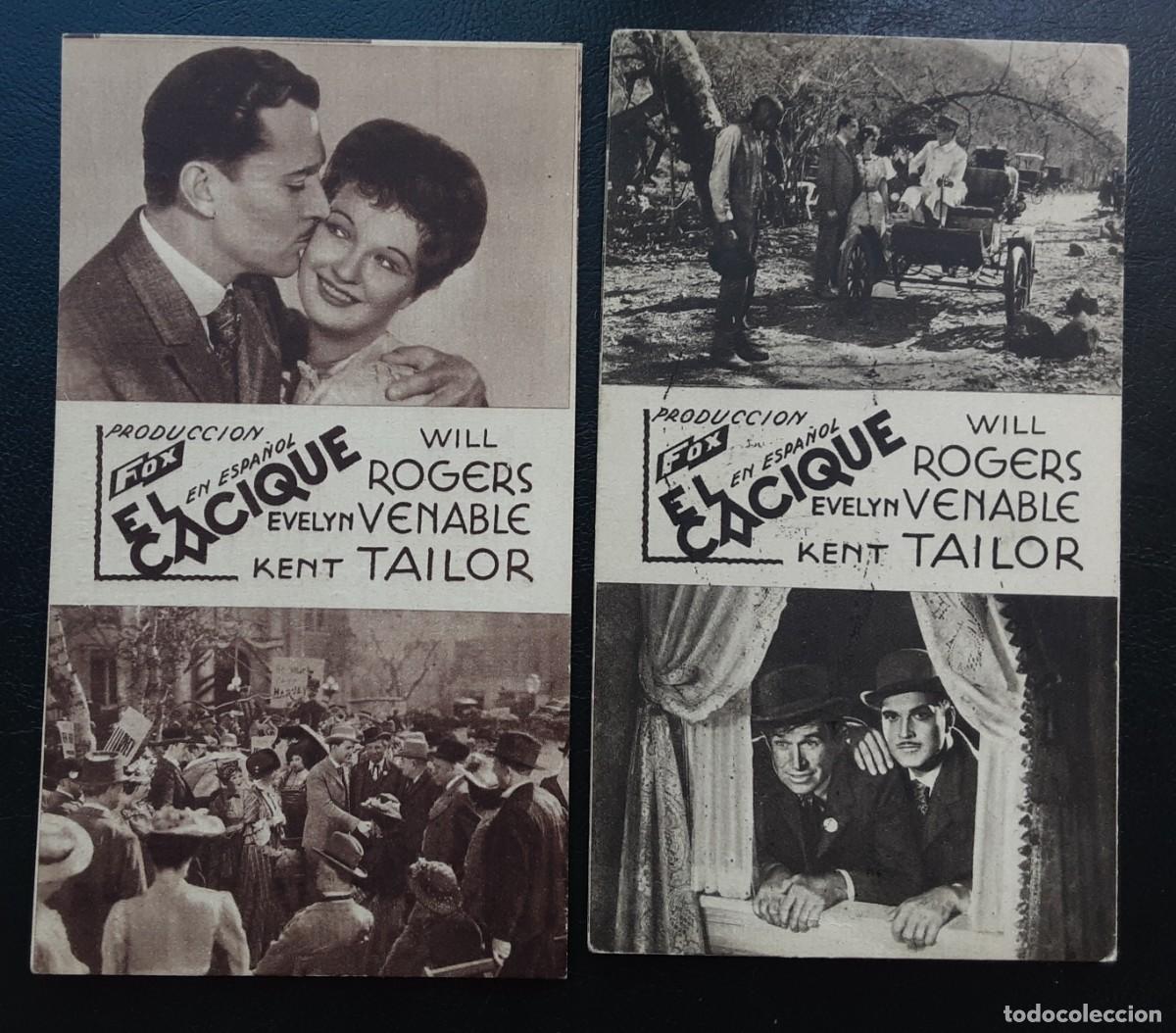 Cine: EL CACIQUE,2 tarjetaS Fox a&ntilde;o 1935 CON cine AL DORSO, WILL ROGERS
