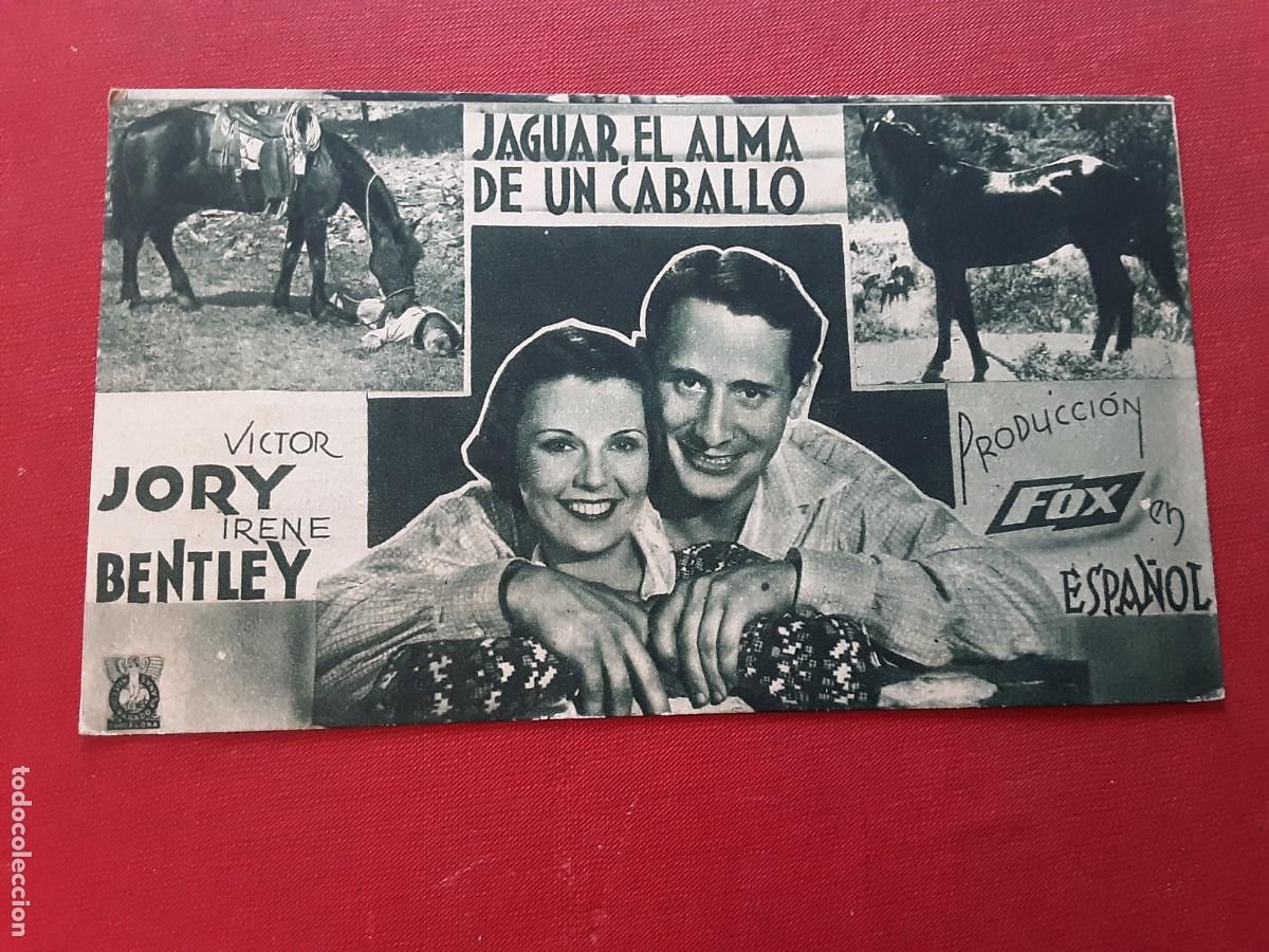 Cine: Jaguar, el alma de un caballo, tarjeta a&ntilde;os 30, con cine al dorso. V&iacute;ctor Jory
