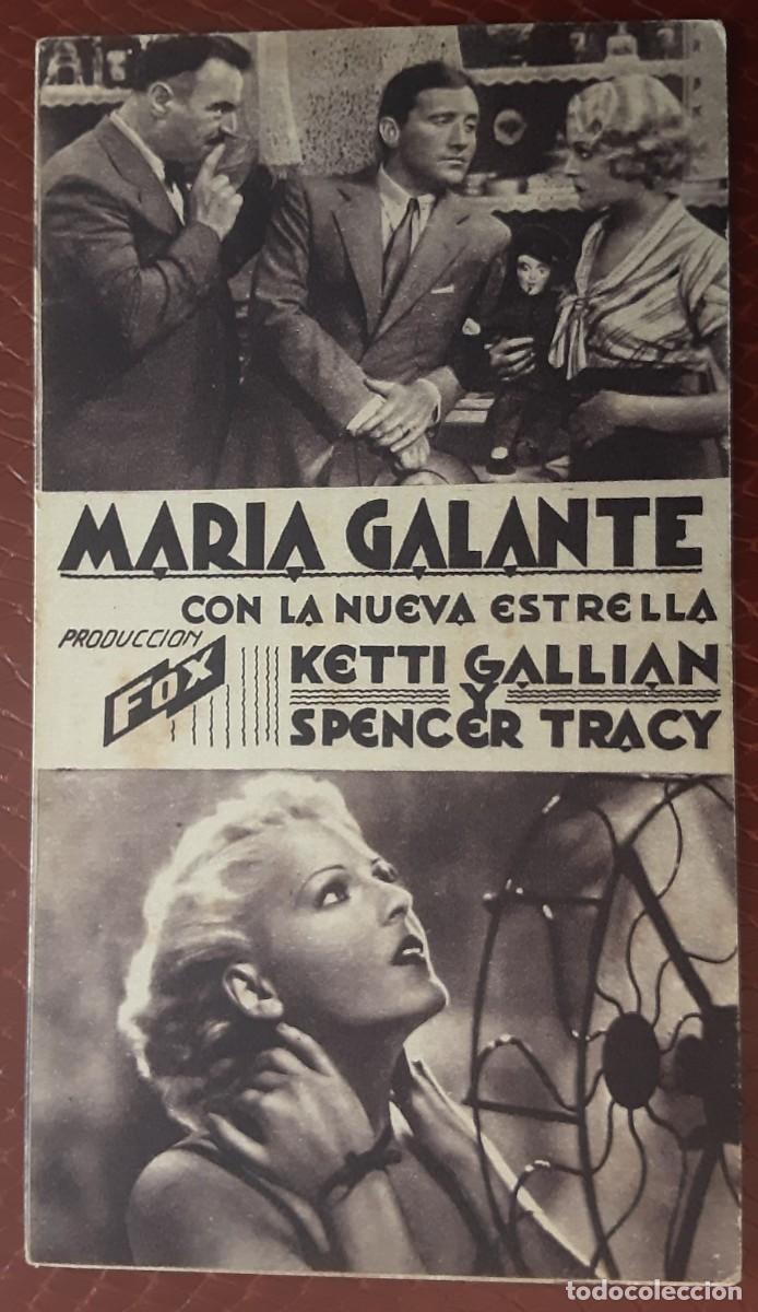 Cine: MARIA GALANTE, tarjeta FOX a&ntilde;os 30, con cine al dorso. Ketty Gallian, Spencer Tracy.