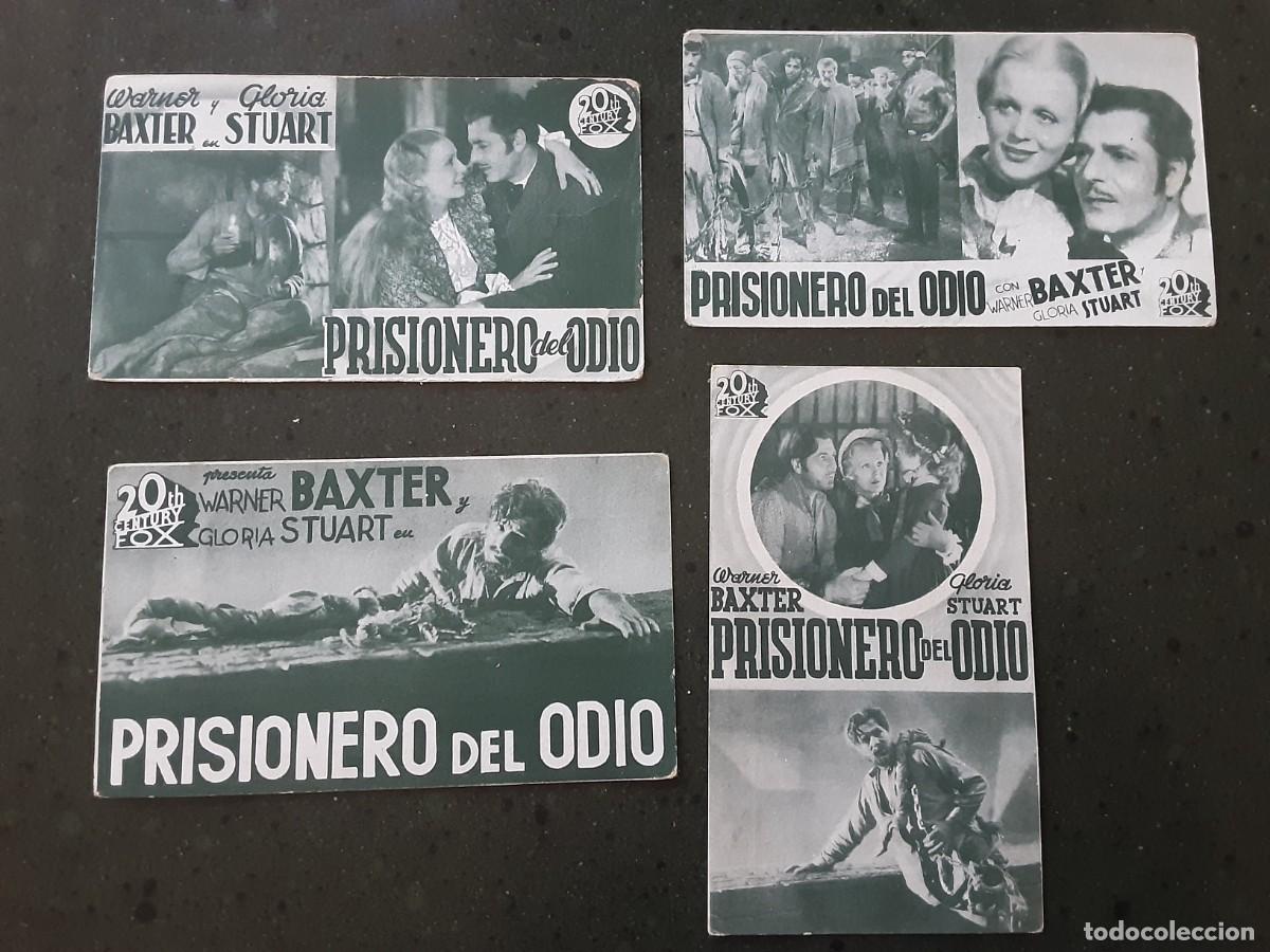 Cine: PRISIONERO DEL ODIO, 4 tarjetas FOX a&ntilde;os 30, con cine al dorso. Warner Baxter, Gloria Stuart.