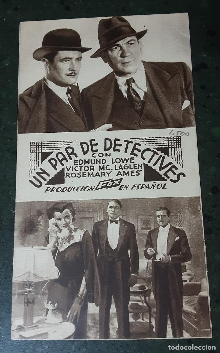 Cine: UN PAR DE DETECTIVES, tarjeta FOX a&ntilde;os 30, con cine al dorso. Edmund Lowe, V&iacute;ctor Mc.Laglen.