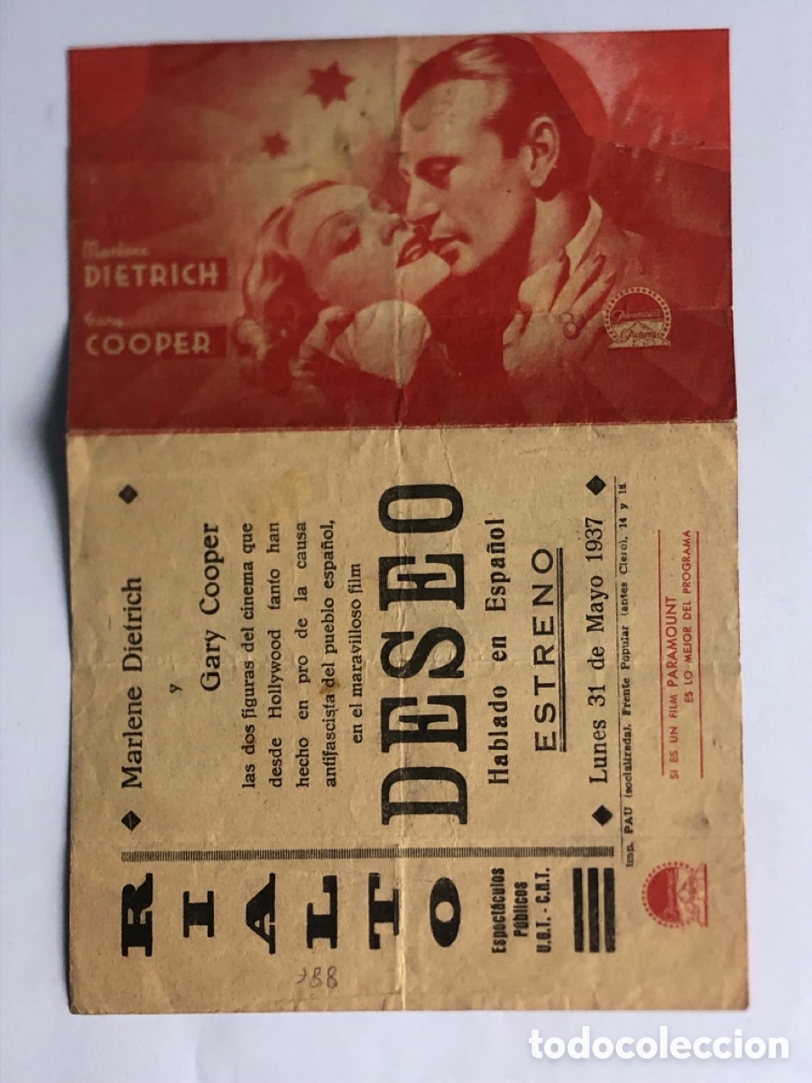 Cine: PTCC 506 DESEO PROGRAMA DOBLE PARAMOUNT rojo GARY COOPER MARLENE DIETRICH - Foto 3