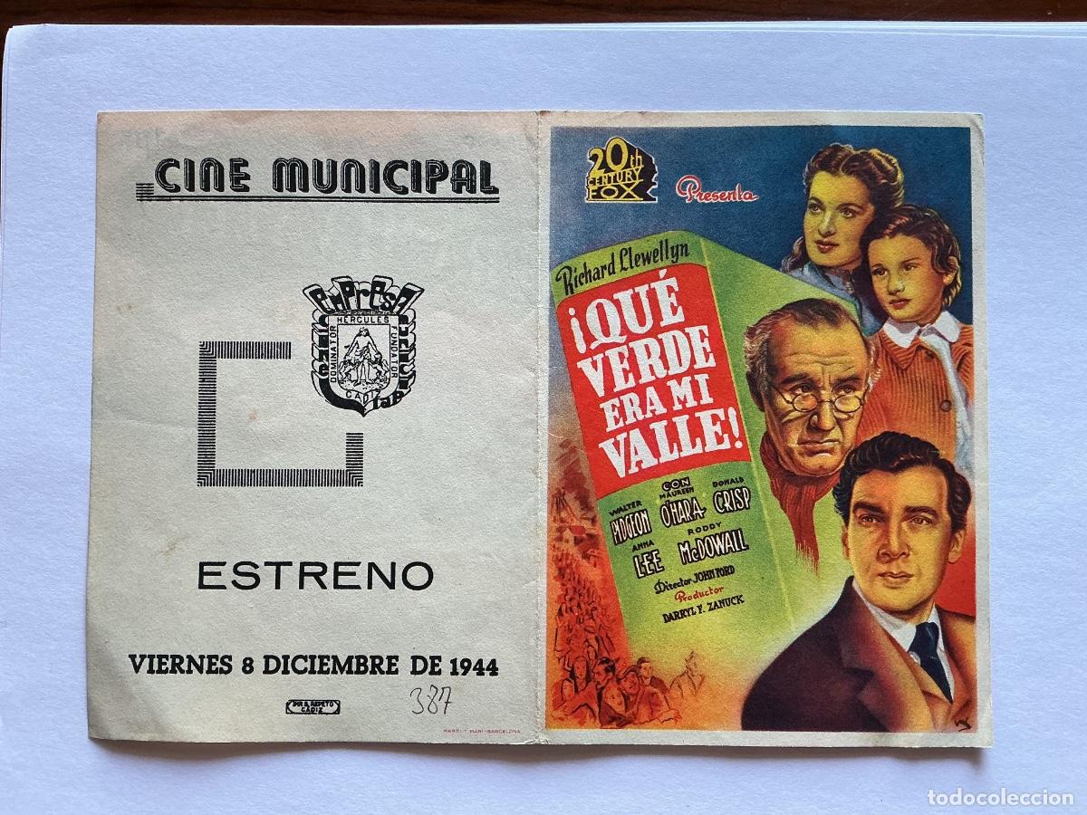 Folhetos de m&atilde;o de filmes antigos de cinema: PROGRAMA DOBLE QUE VERDE ERA MI VALLE FOX INTERIOR COLOR WALTER PIDGEON CINE MUNICIPAL CADIZ