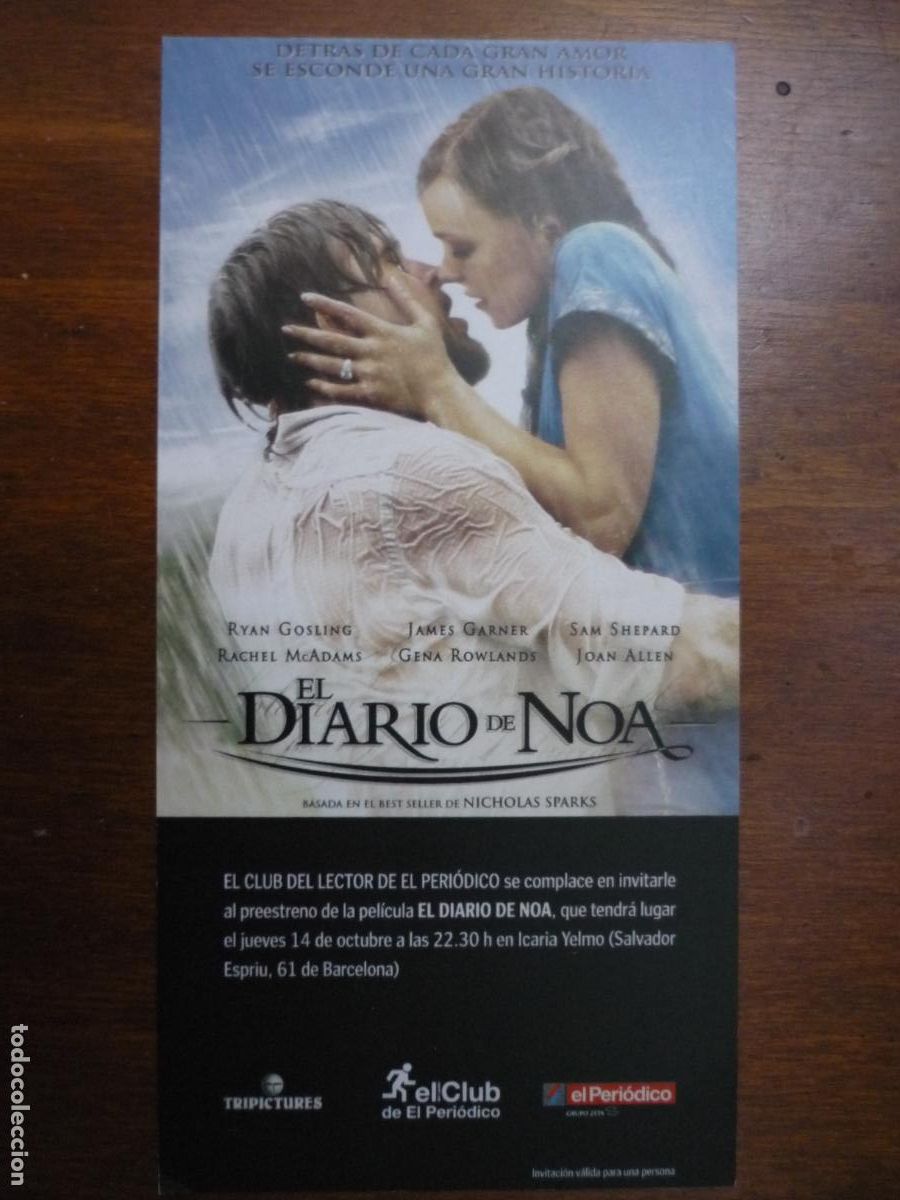 Cine: el diario de noa - folleto mano original invitacion preestreno - Rachel McAdams ryan gosling