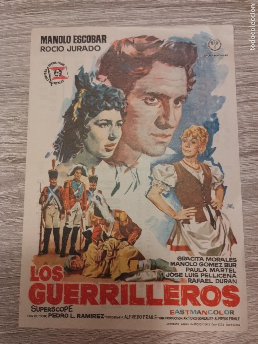 Folhetos de m&atilde;o de filmes antigos de cinema: SEV. PROGRAMA DE CINE. LOS GUERRILLEROS. CON MANOLO ESCOBAR Y ROCIO JURADO. CINE MARIN. TERUEL.