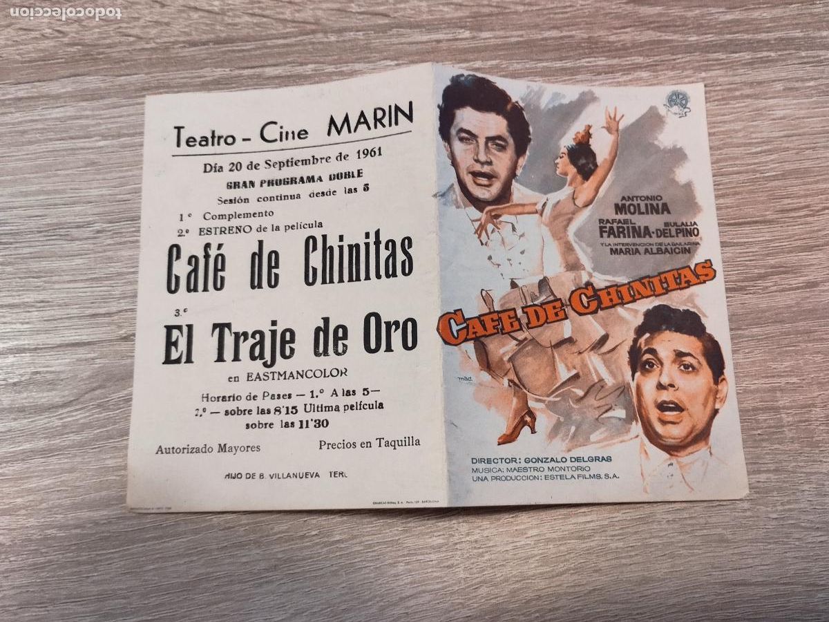 Cinema: SEV. PROGRAMA DE CINE. CAFE DE CHINITAS. CON ANTONIO MOLINA Y RAFAEL FARINA. CINE MARIN. TERUEL.