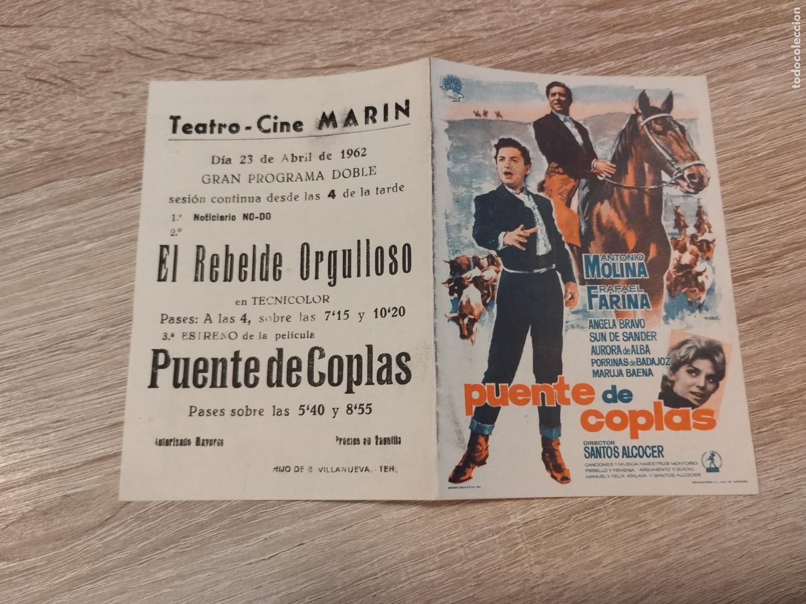 Foglietti di film di film antichi di cinema: SEV. PROGRAMA DE CINE. PUENTE DE COPLAS. CON ANTONIO MOLINA Y RAFAEL FARINA. CINE MARIN. TERUEL.