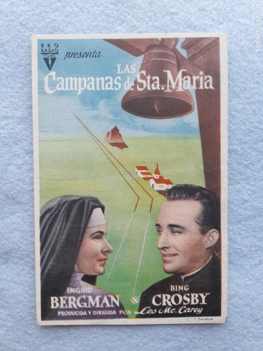 Folhetos de m&atilde;o de filmes antigos de cinema: Las Campanas de Santa Mar&iacute;a. Ingrid Bergman, Bing Crosby.