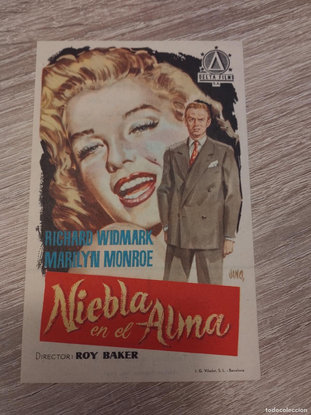 Folhetos de m&atilde;o de filmes antigos de cinema: SEV. PROGRAMA DE CINE. NIEBLA EN EL ALMA. CON MARILYN MONROE. CINE COLISEO. ZARAGOZA.