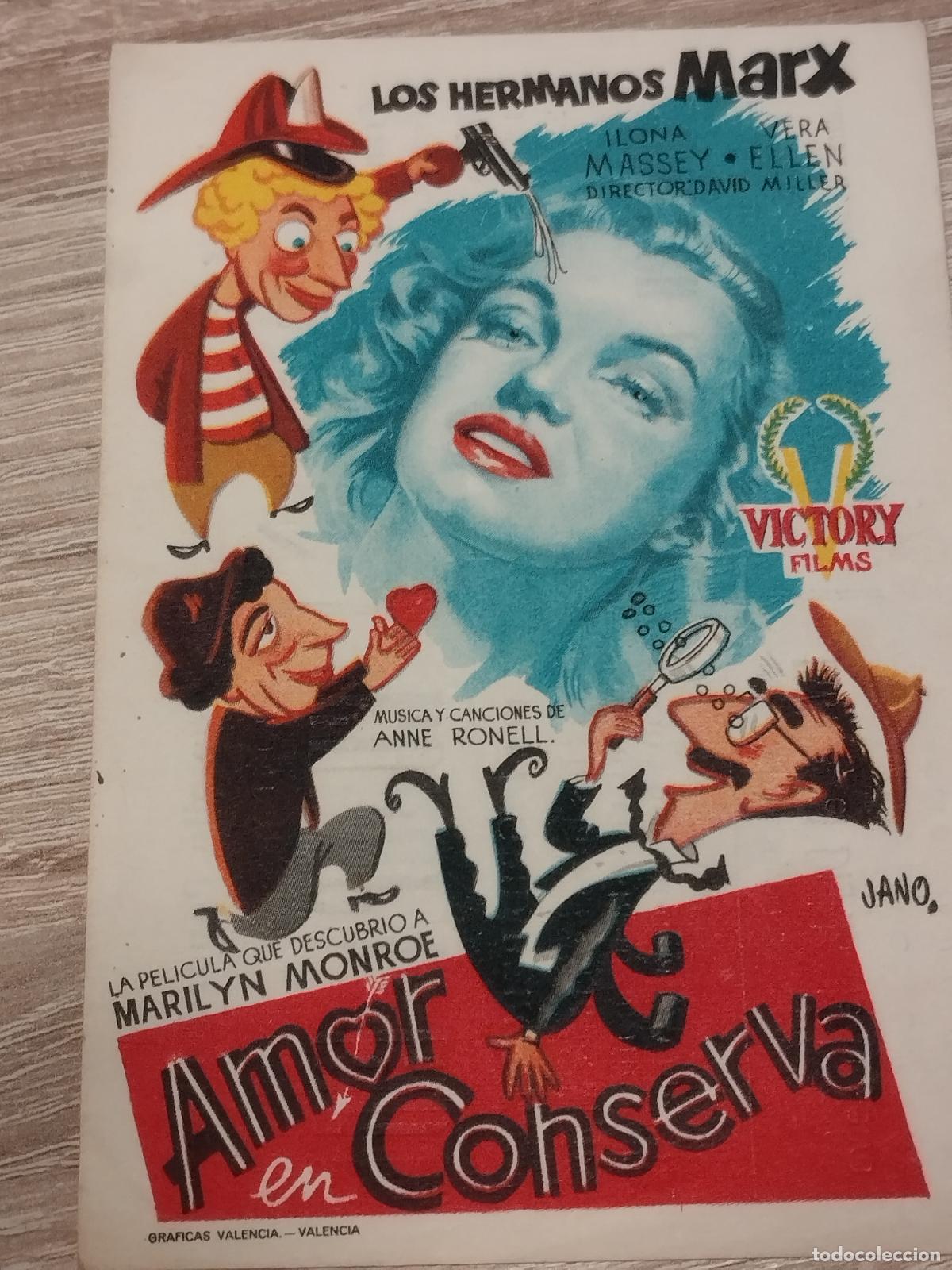Foglietti di film di film antichi di cinema: SEV. PROGRAMA DE CINE. AMOR EN CONSERVA. HERMANOS MARX. MARILYN MONROE. CINE MARIN. TERUEL.