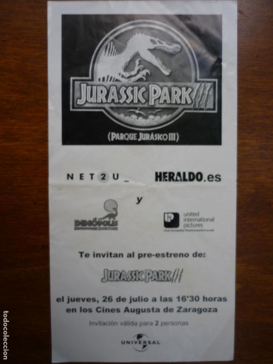 Cine: jurassic park III 3 - folleto mano invitacion preestreno - parque jurasico