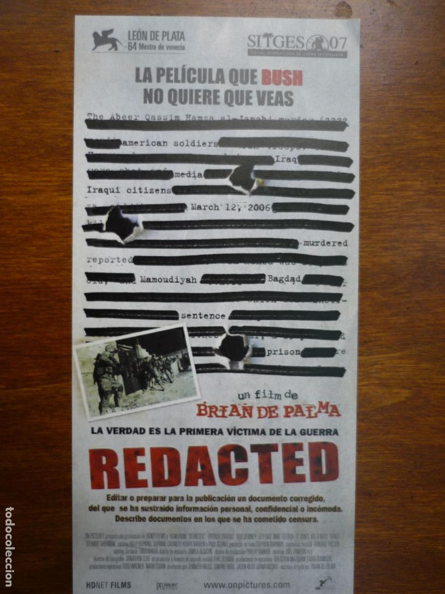 Cine: redacted - folleto mano invitacion preestreno - brian de palma