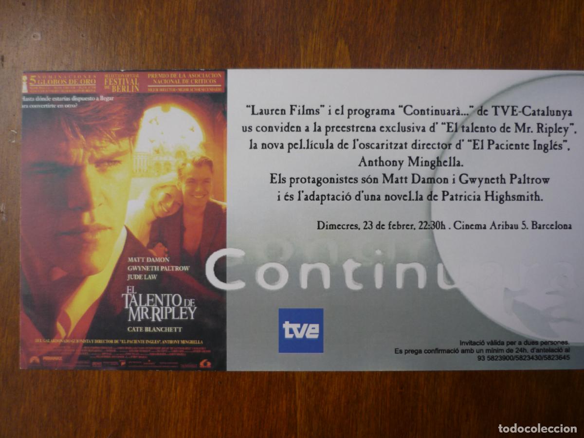 Cine: el talento de mr. ripley - folleto mano invitacion preestreno - matt damon gwyneth paltrow lauren f