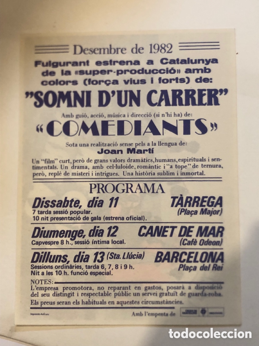 Cine: PTCC 845 SOMNI DUN CARRER PROGRAMA SENCILLO COMEDIANTS EN CATALAN - Foto 2