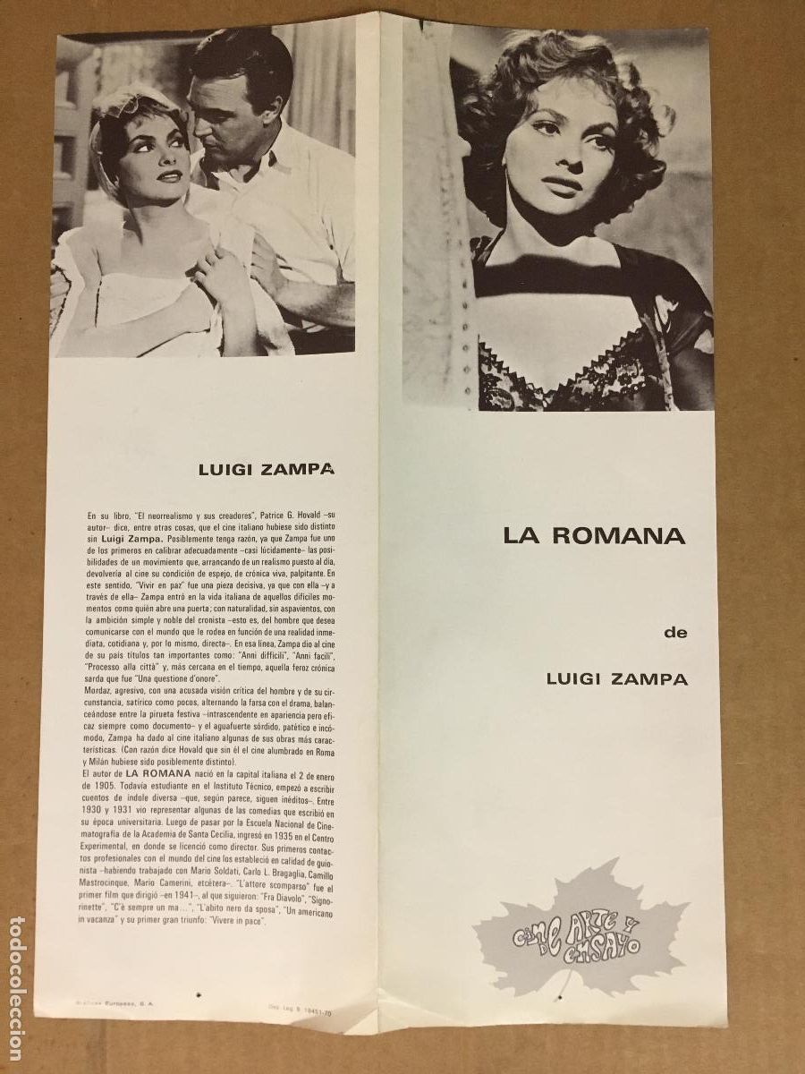 Kino: PTCC 847 LA ROMANA PROGRAMA DOBLE BARCINO FILMS GINA LOLLOBRIGIDA LUIGI ZAMPA