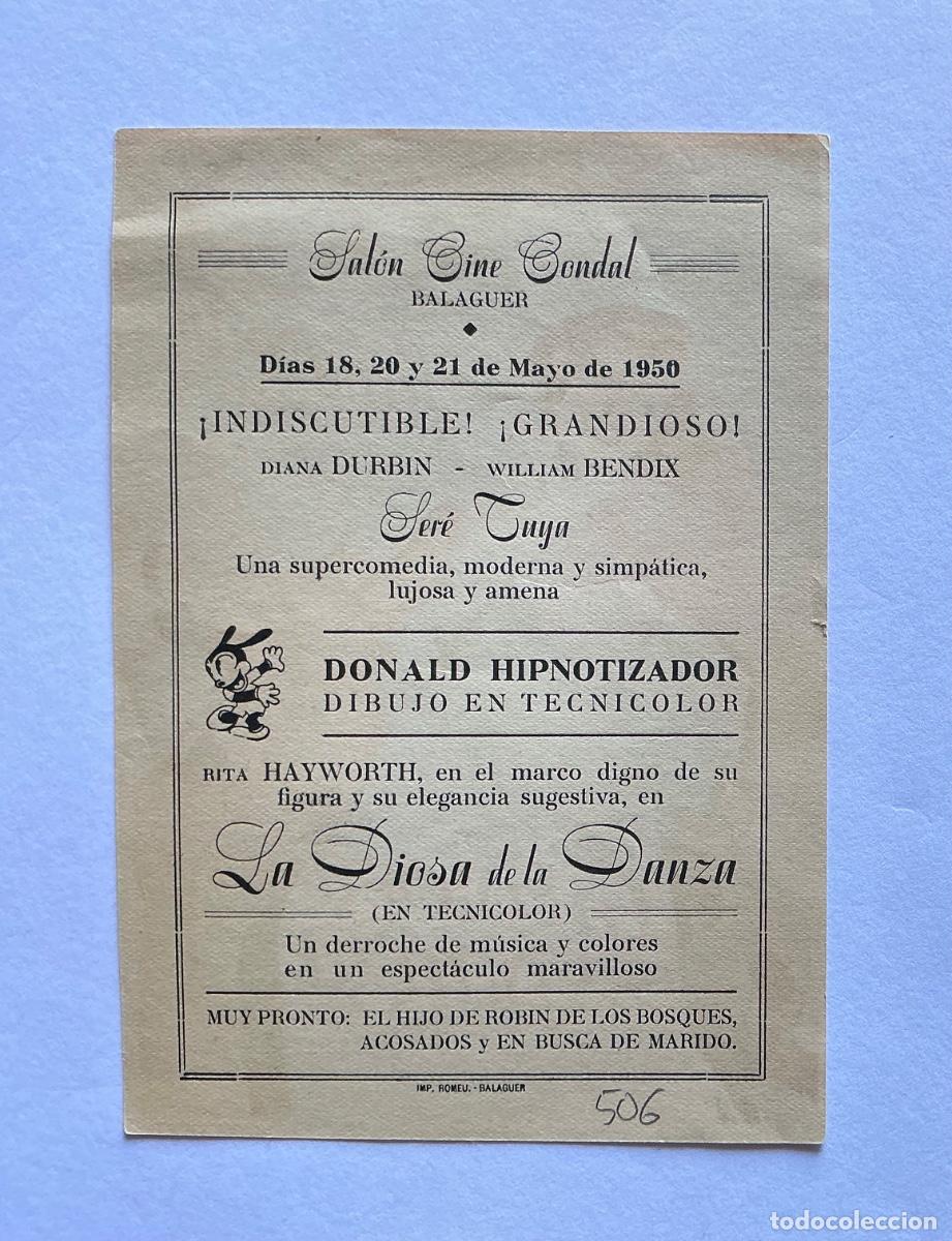 Folhetos de m&atilde;o de filmes antigos de cinema: PROGRAMA SENCILLO LA DIOSA DE LA DANZA RITA HAYWORTH SAL&Oacute;N CINE CONDAL BALAGUER L&Eacute;RIDA LLEIDA
