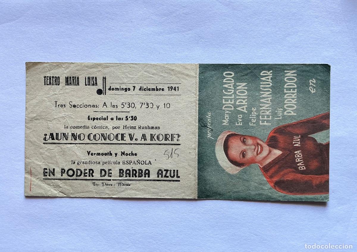 Folhetos de m&atilde;o de filmes antigos de cinema: PROGRAMA DOBLE EL PODER DE BARBA AZUL EVA ARION CINE TEATRO MAR&Iacute;A LUISA M&Eacute;RIDA BADAJOZ