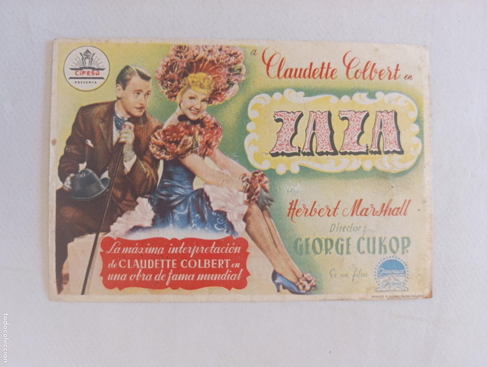 Cine: FOLLETO DE MANO - ZAZA - CLAUDETTE COLBERT - SIN PUBLICIDAD (149I)