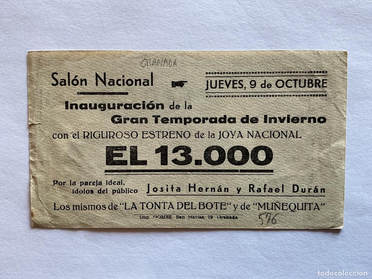  Foglietti di film di film antichi di cinema: PROGRAMA BILLETE 9x16&rsquo;5 CMS EL 13000 JOSITA HERN&Aacute;N RAFAEL DUR&Aacute;N CINE SAL&Oacute;N NACIONAL GRANADA