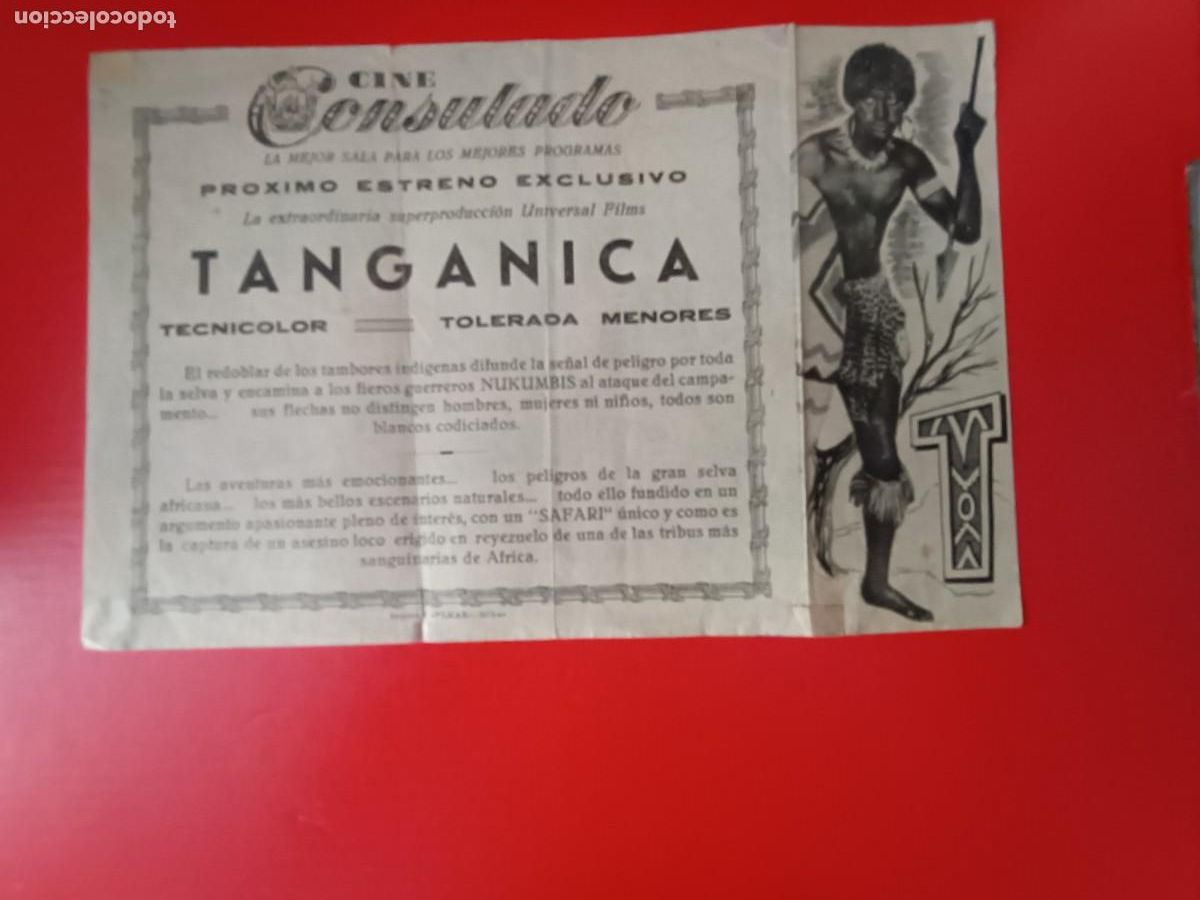 Folhetos de m&atilde;o de filmes antigos de cinema: TANGANICA. C/P. CINE CONSULADO, BILBAO. TAMA&Ntilde;O GRANDE Y TROQUELADO. VAN HEFLIN, RUTH ROMAN.