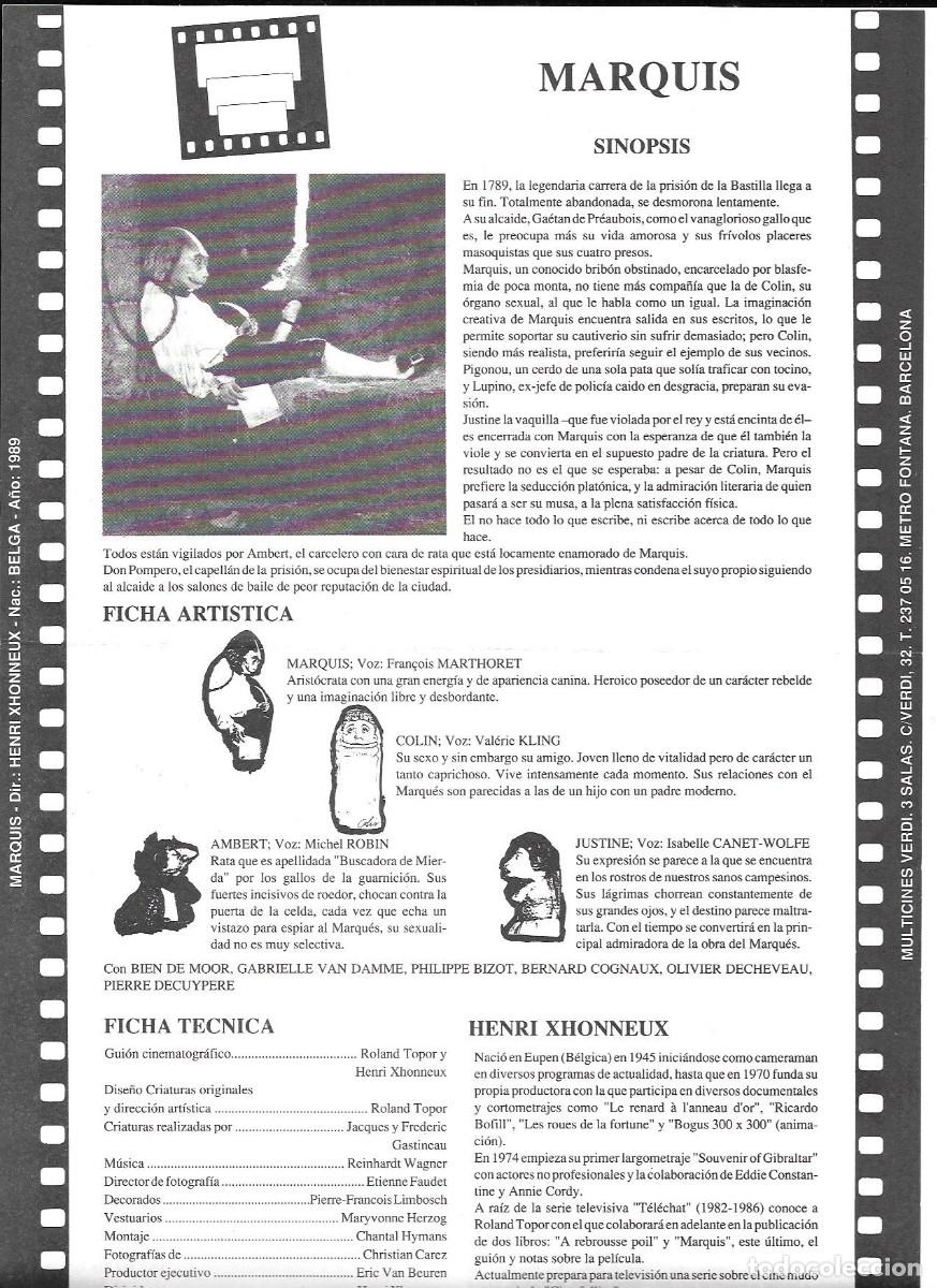 Cine: Folleto de cine &rdquo;Marquis&rdquo; (H. Xhonneux dir.) Multicines Verdi, Barcelona 1989