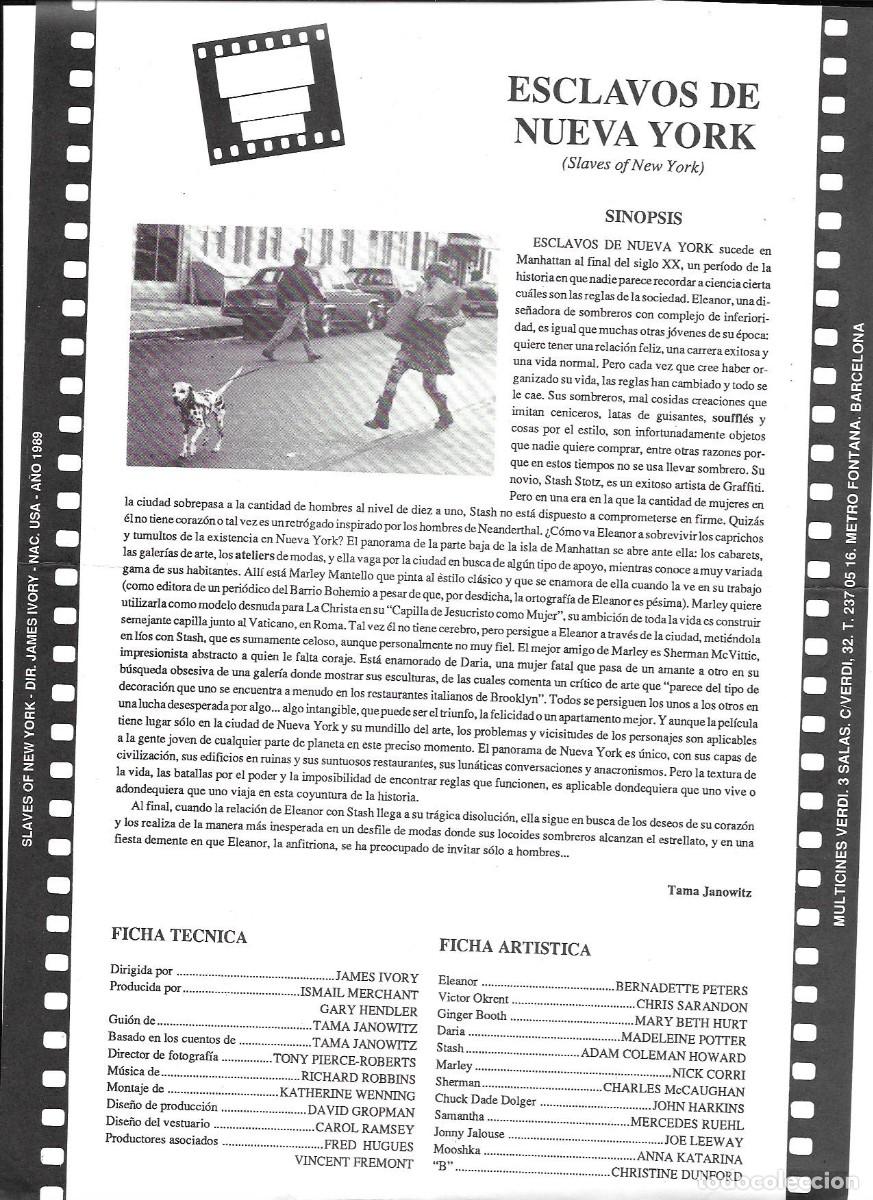 Cine: Folleto de cine &rdquo;Slaves of New York&rdquo; (J Ivory, dir.) Multicines Verdi, Barcelona 1989.