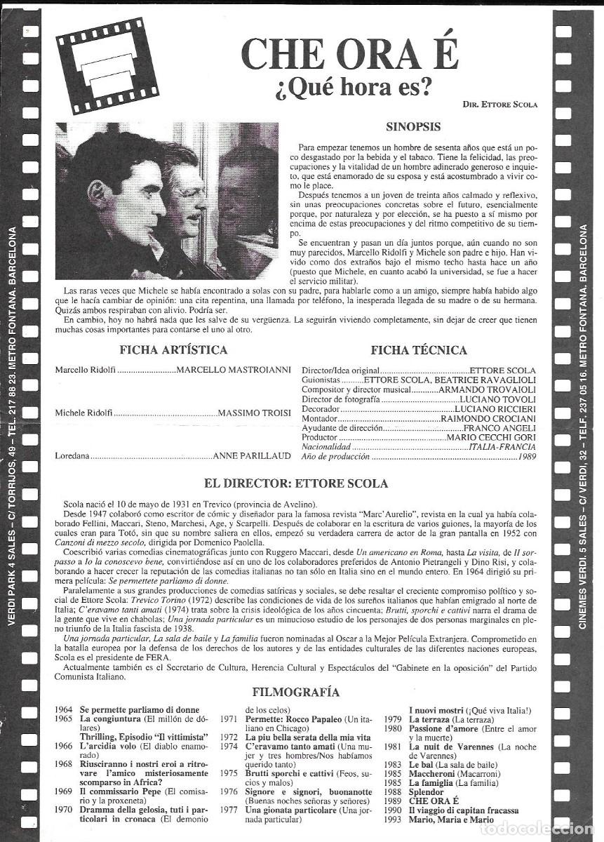 Cine: Folleto de cine &rdquo;Che ora &eacute;&rdquo; (E Scola, dir.) Multicines Verdi, Barcelona 1989