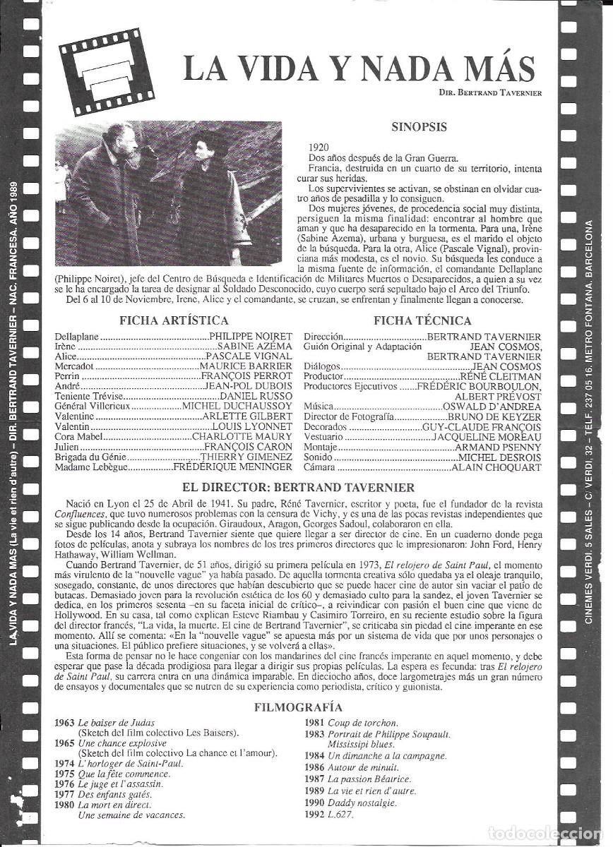 Cine: Folleto de cine &rdquo;La vie et rien d'autre&rdquo; (B. Tavernier, dir.) Multicines Verdi, Barcelona 1989.