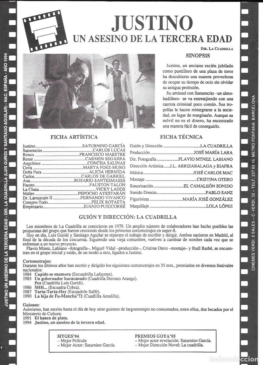 Cine: Folleto de cine &rdquo;Justino, un asesino de la 3a edad&rdquo; Multicines Verdi, Barcelona 1994