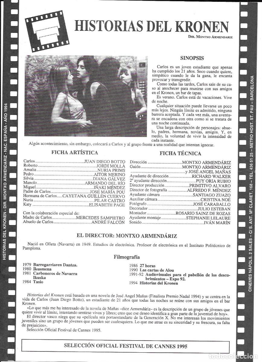 Cine: Folleto de cine &rdquo;Historias del Kronen&rdquo; (M Armendariz, dir.) Multicines Verdi, Barcelona 1994.
