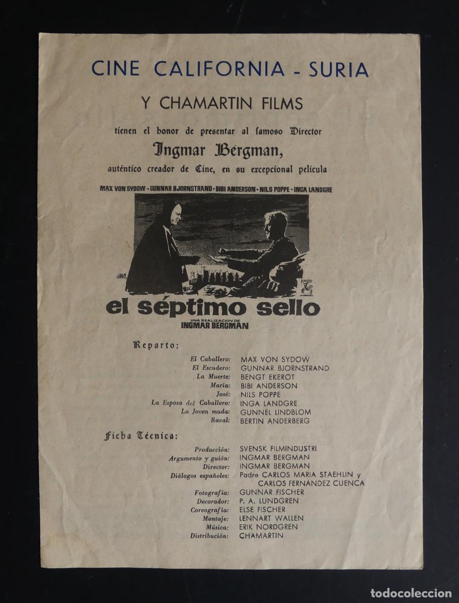Cine: D&Iacute;PTICO DEL FILM : EL SEPTIMO SELLO. CINE CALIFORNIA DE SURIA 1962 ( PAGO POR BIZUM )