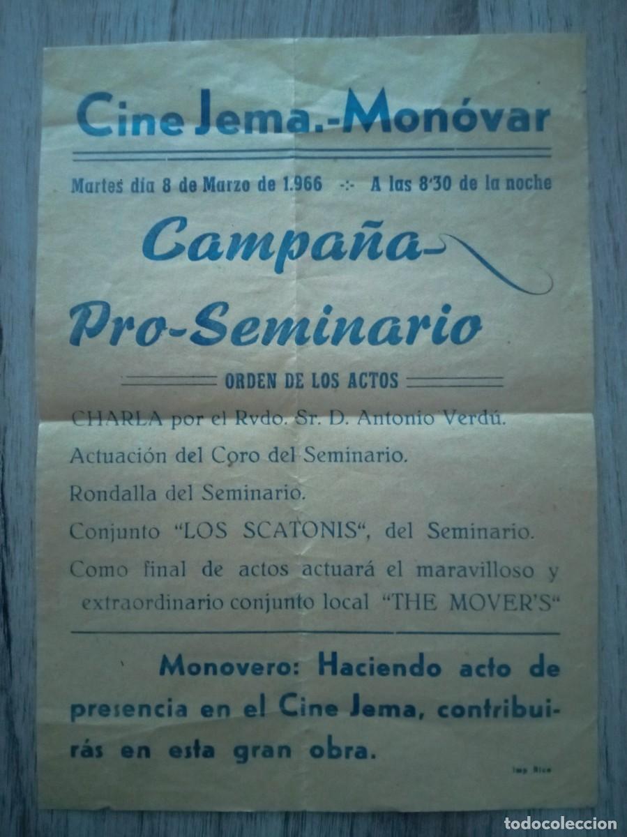 Cine: CINE JEMA DE MON&Oacute;VAR, ALICANTE, 1966, FOLLETO CAMPA&Ntilde;A PRO-SEMINARIO