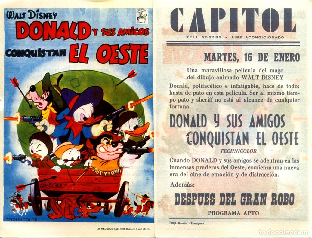 Cine: FOLLETO DE MANO ORIGINAL DONALD Y SUS AMIGOS CONQUISTAN EL OESTE CINE CAPITOL TARRAGONA