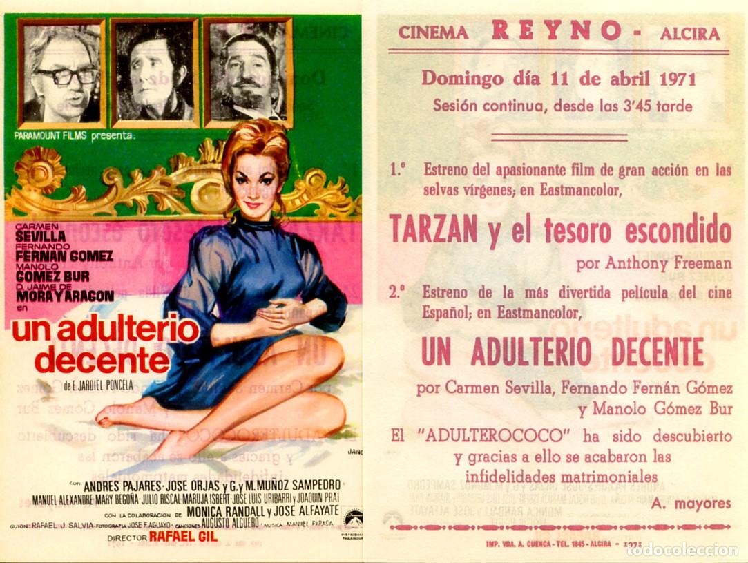 Cine: FOLLETO DE MANO ORIGINAL UN ADULTERIO DECENTE CARMEN SEVILLA CINE CINEMA REYNO 1971 ALCIRA