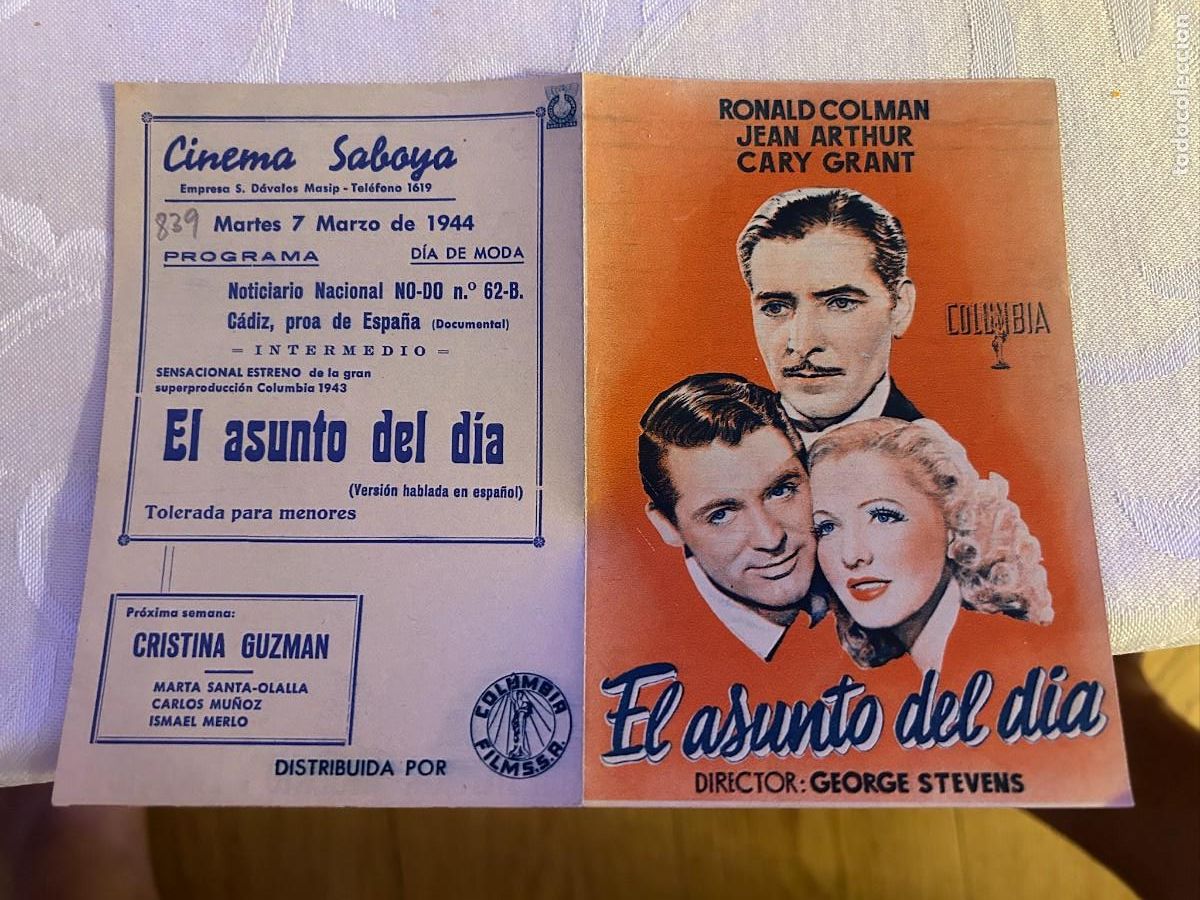 Cine: EL ASUNTO DEL DIA CINEMA SABOYA COLUMBIA CON PUBLICIDAD BUEN ESTADO 839