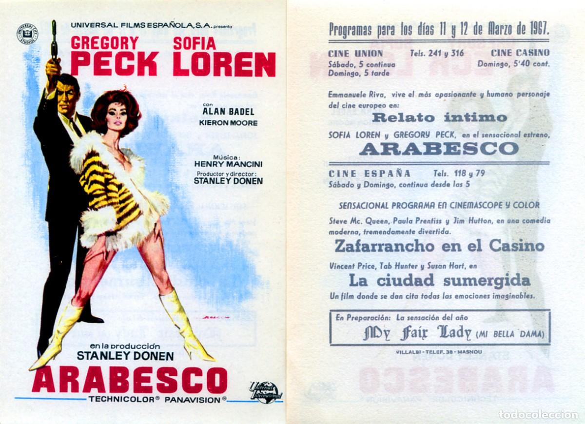 Kino: FOLLETO DE MANO ORIGINAL ARABESCO SOPHIA LOREN CINES UNION Y CASINO 1967 BARCELONA